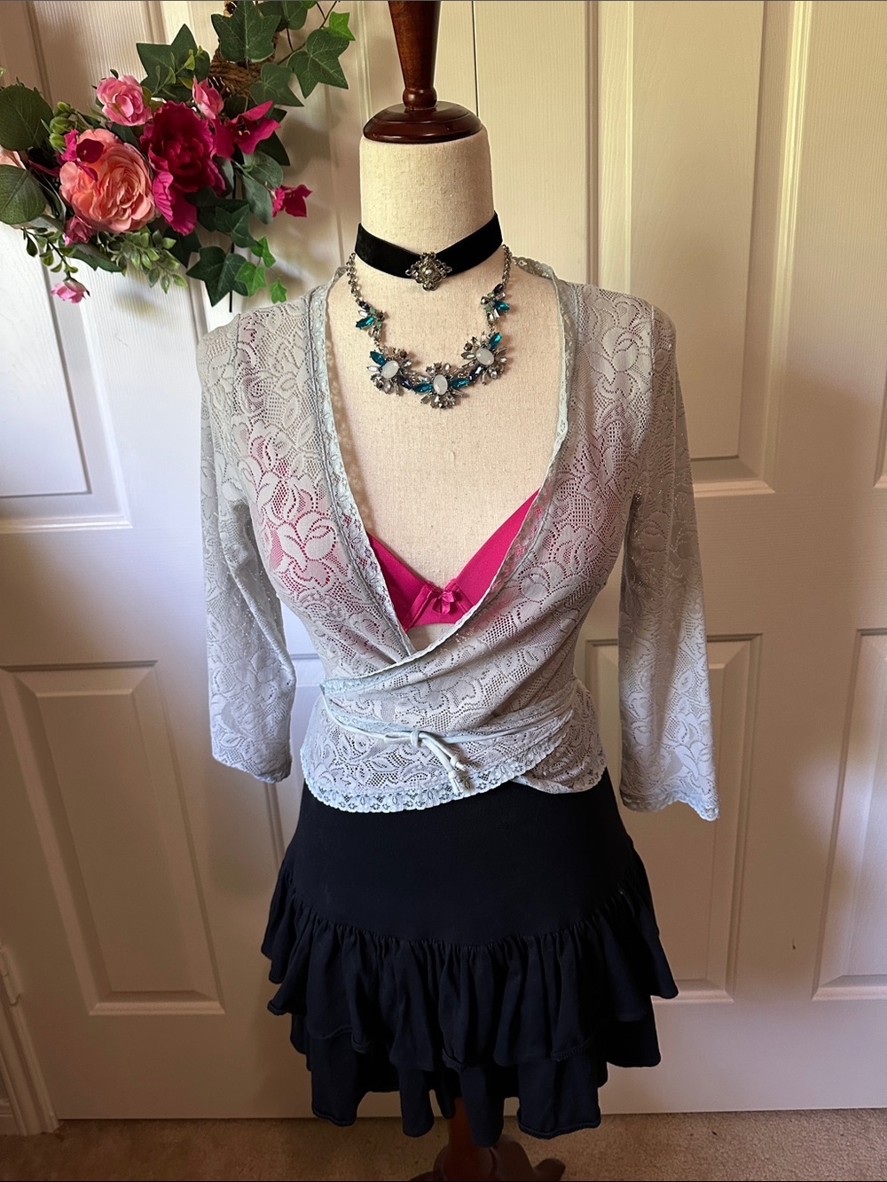 Moda International | Stretch Lace Wrap tie top | Aqua | size: s